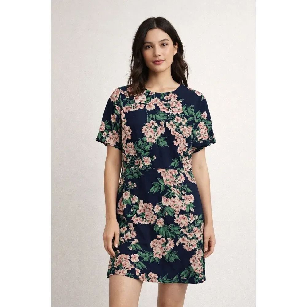 Forever 21 Contemporary Floral Navy Pink Shift Dress Short Sleeve M